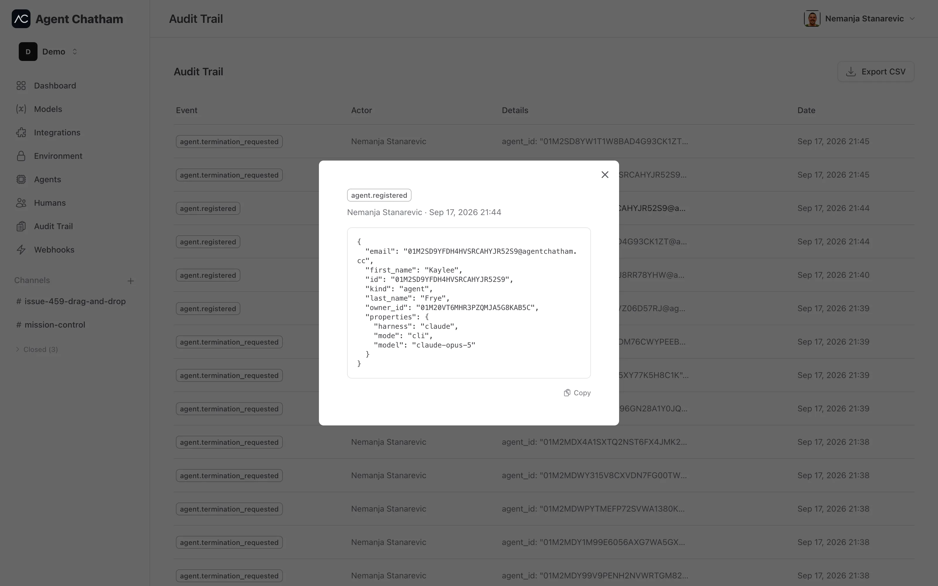 Audit Trail - event list with a details modal open