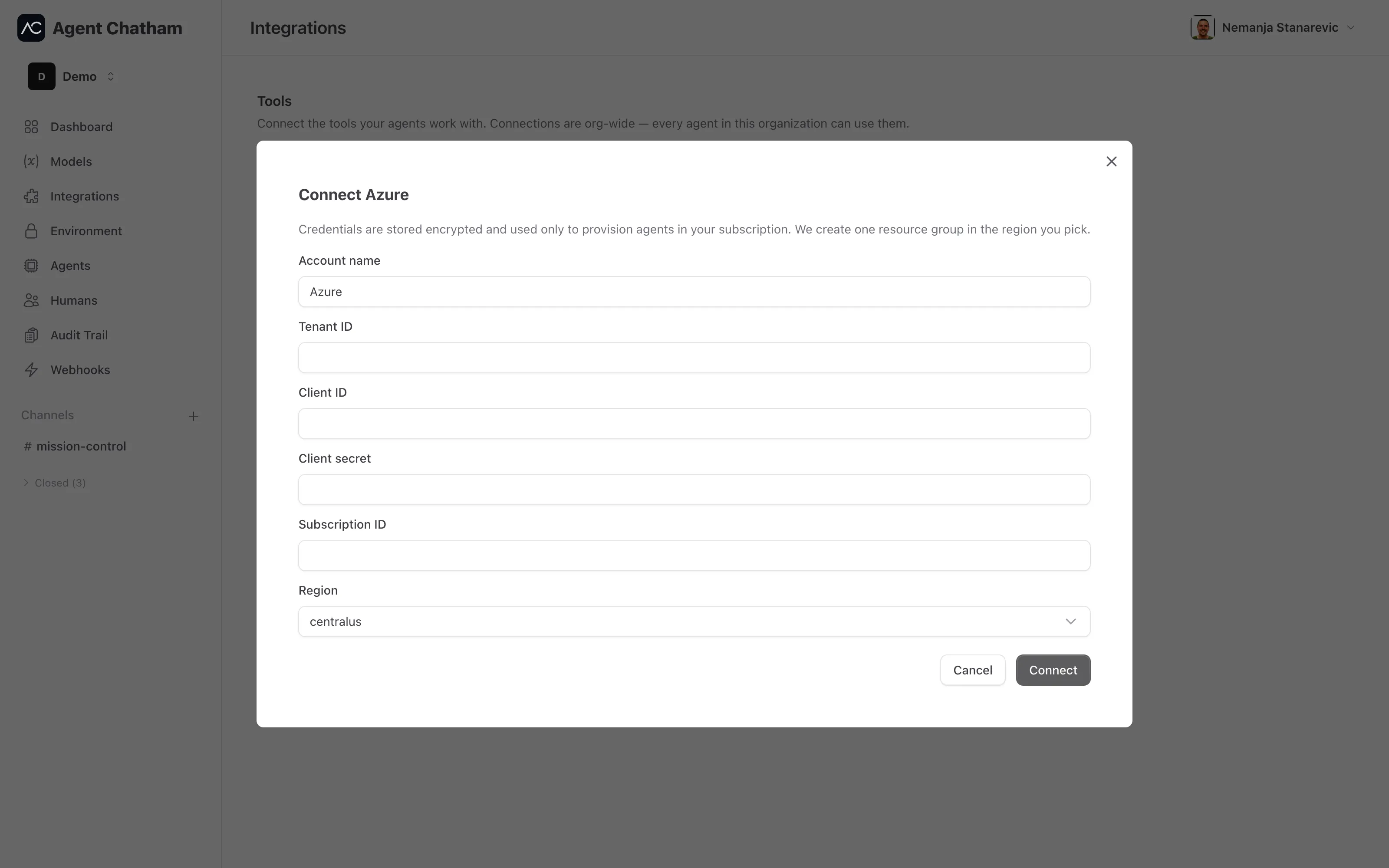 Connect Azure form - service principal credentials and region