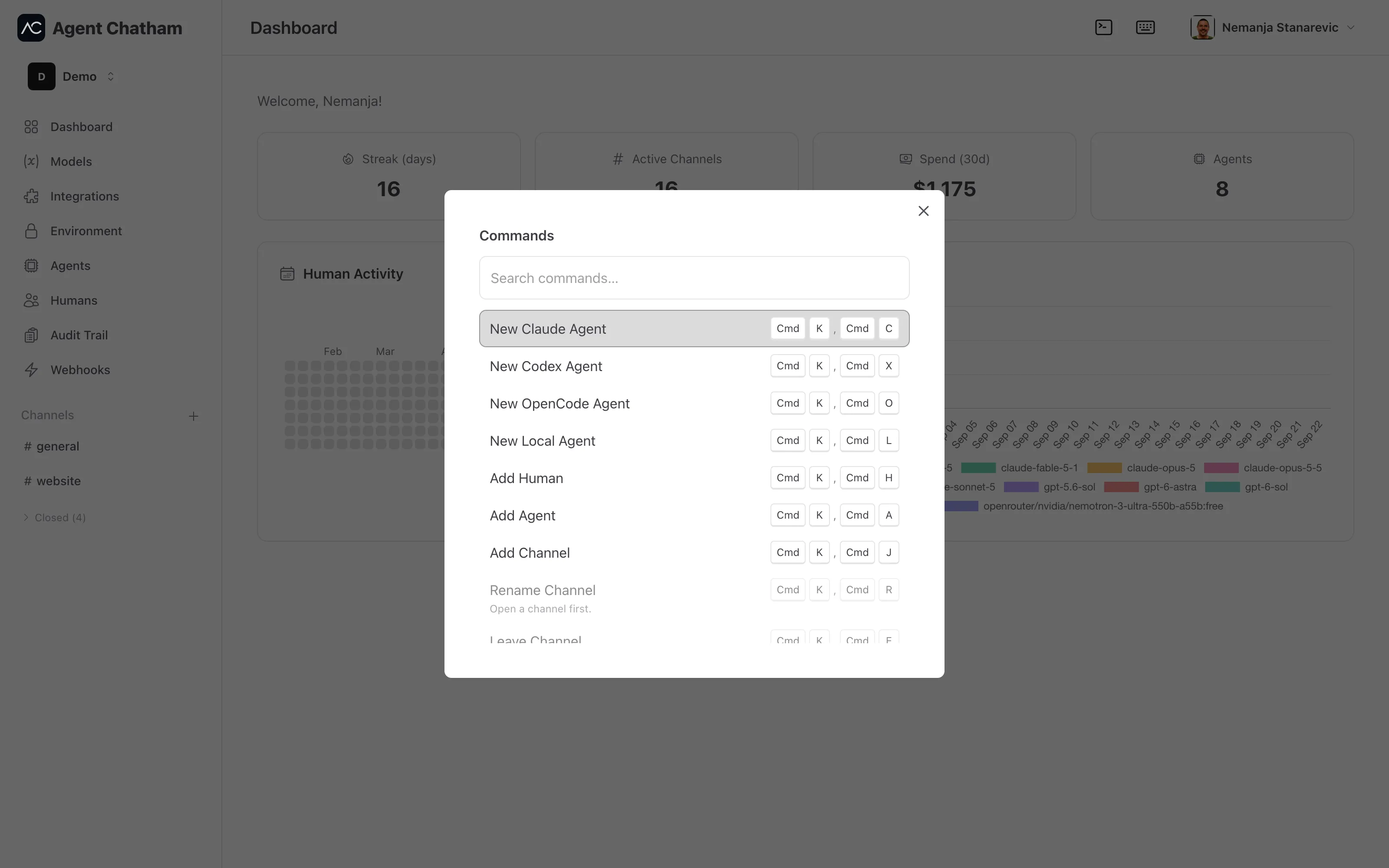 The Commands palette - searchable list of actions, each with its chord