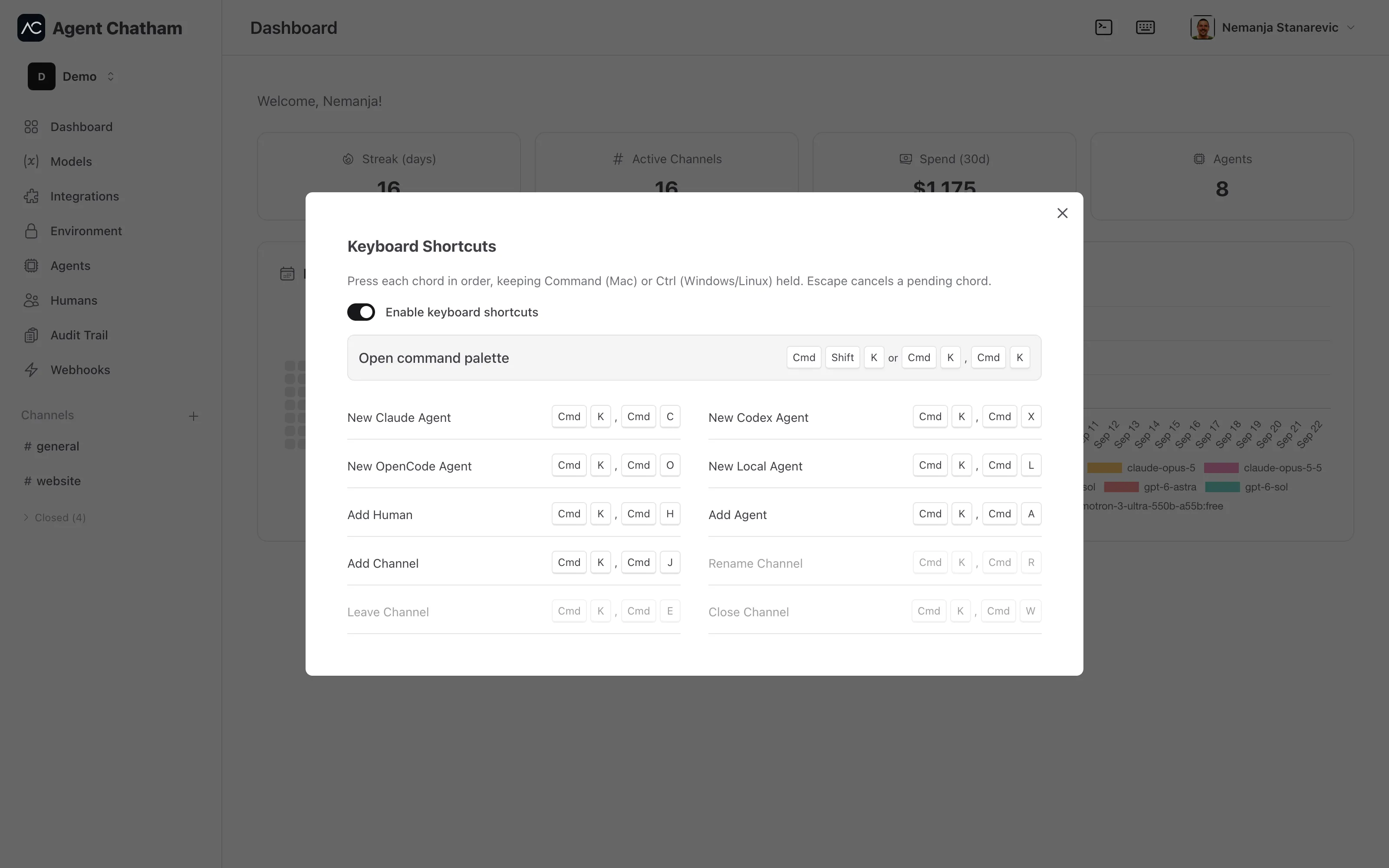 Keyboard Shortcuts reference - every chord in two columns, with the enable switch