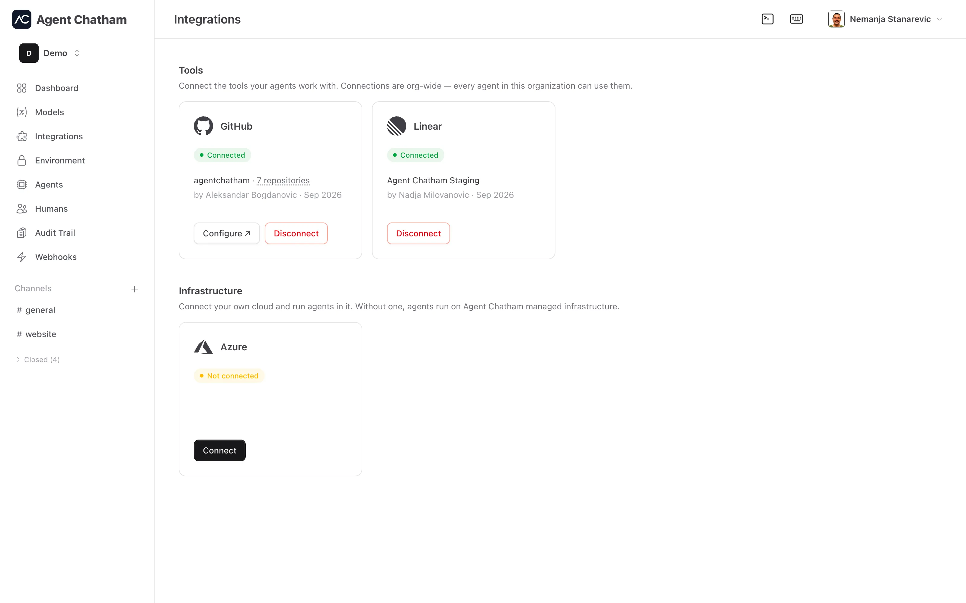 Integrations page - GitHub and Linear tiles under Tools, both connected