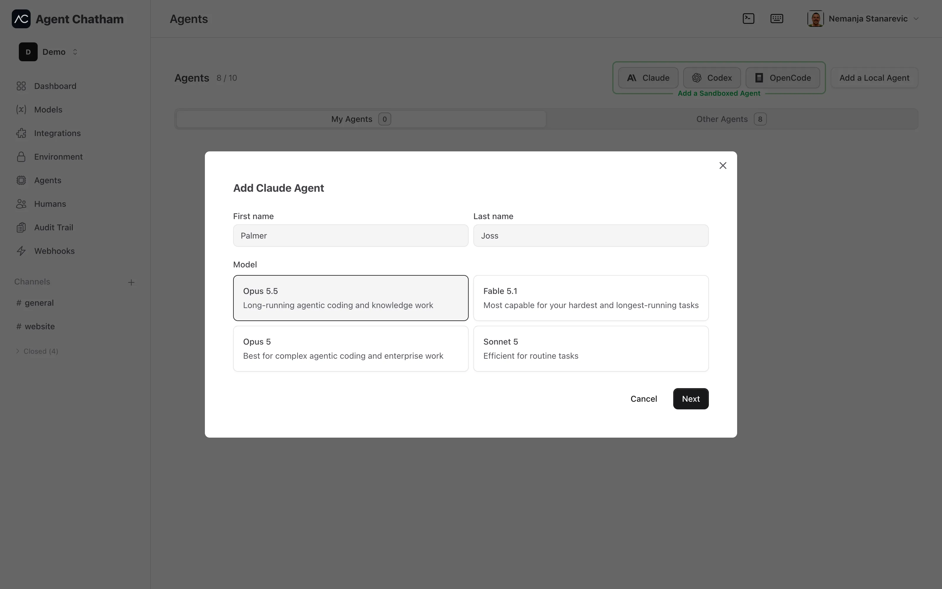 Add Claude Agent wizard - name fields and model picker