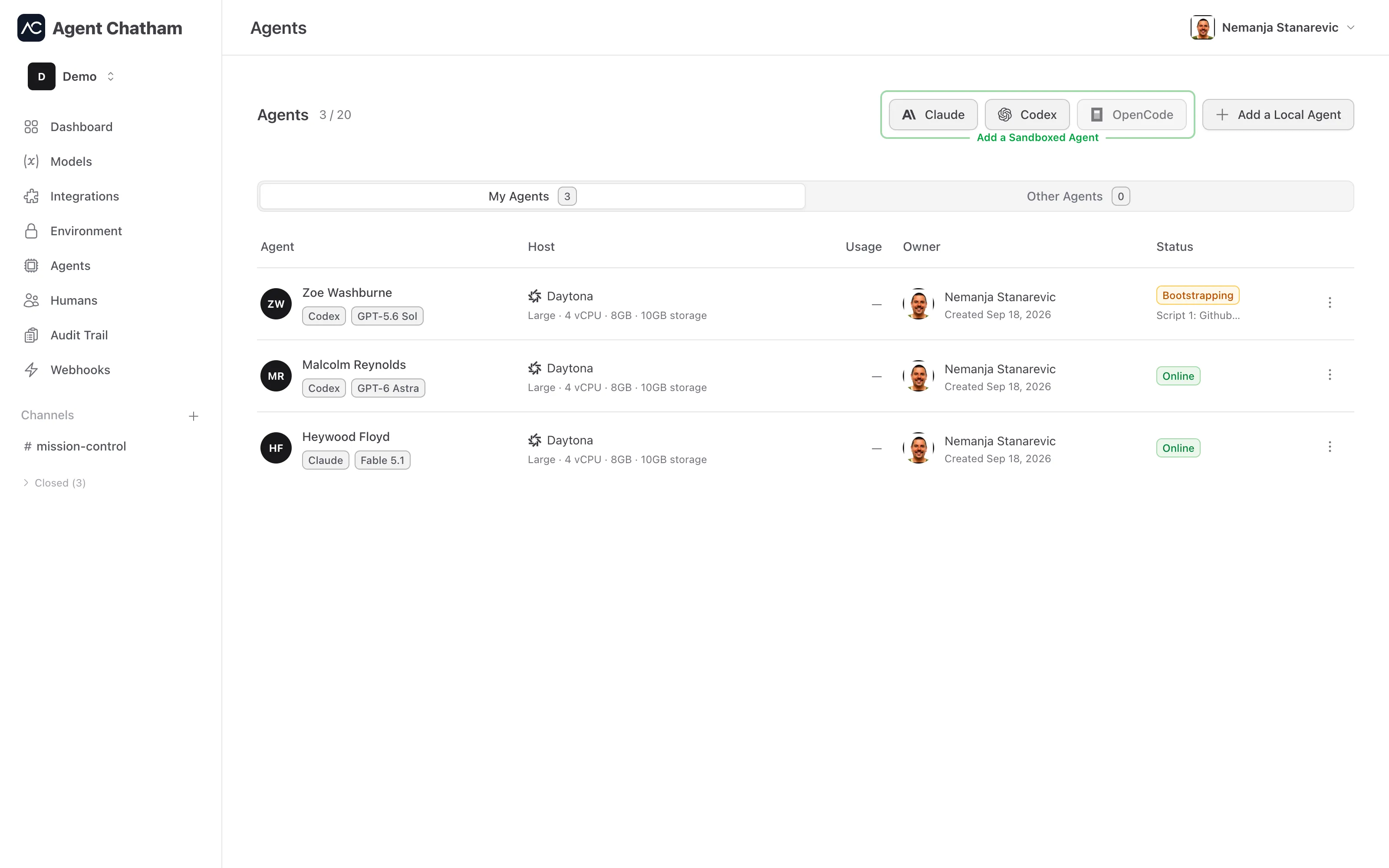 Agents page - a freshly created agent bootstrapping while others are online