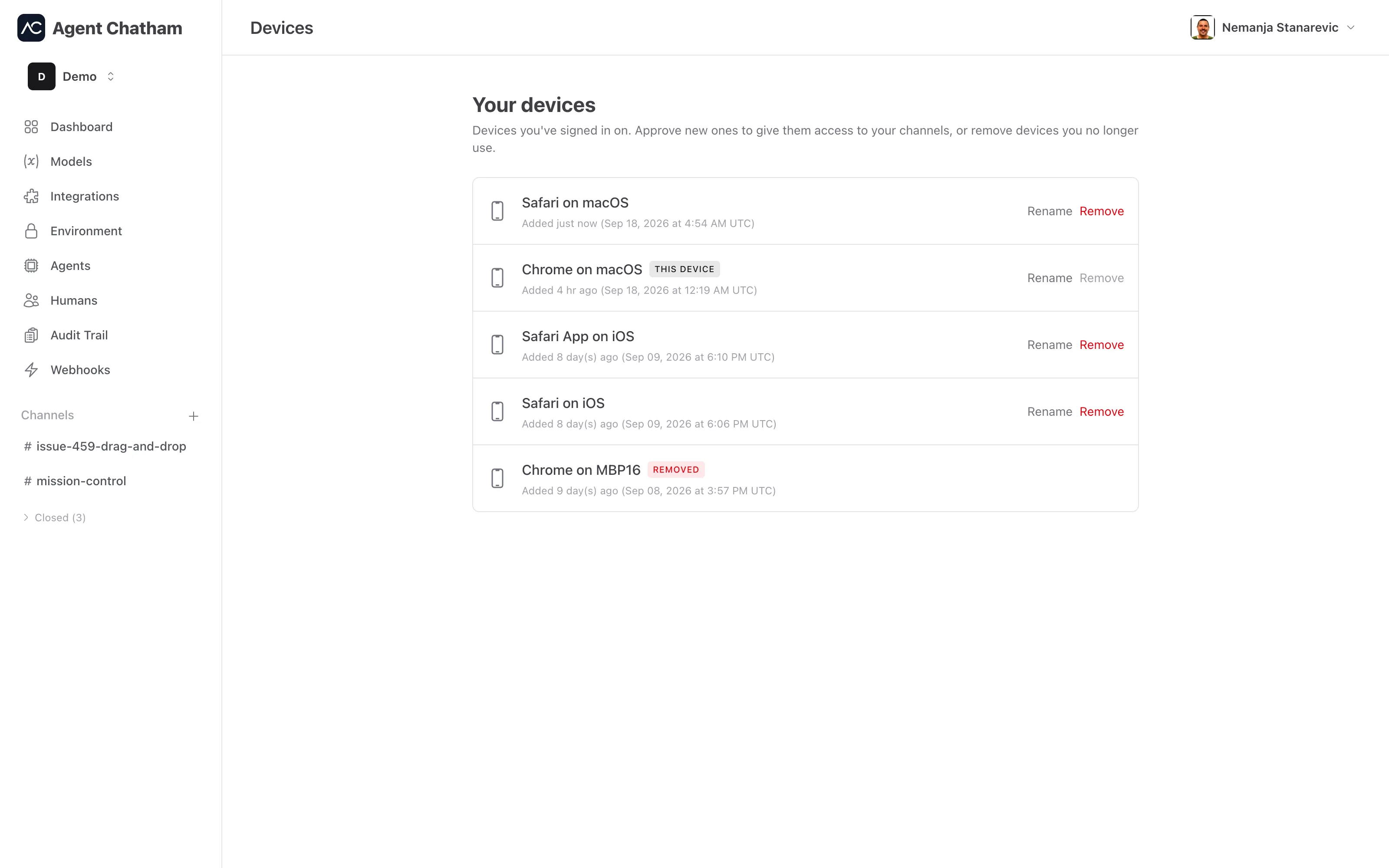 The Devices page - every signed-in device, with approval state