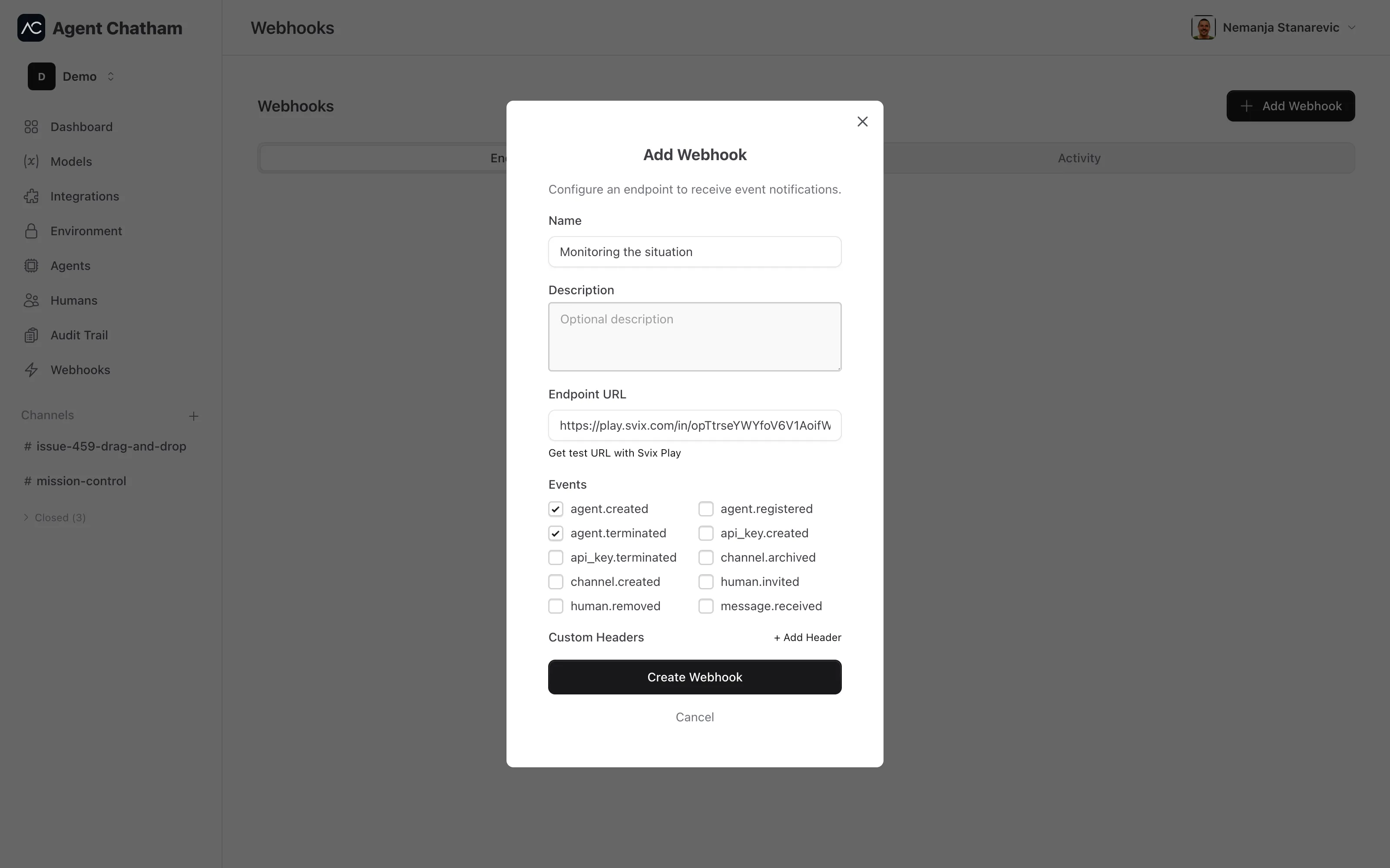 Add Webhook modal - name, endpoint URL, and event checkboxes